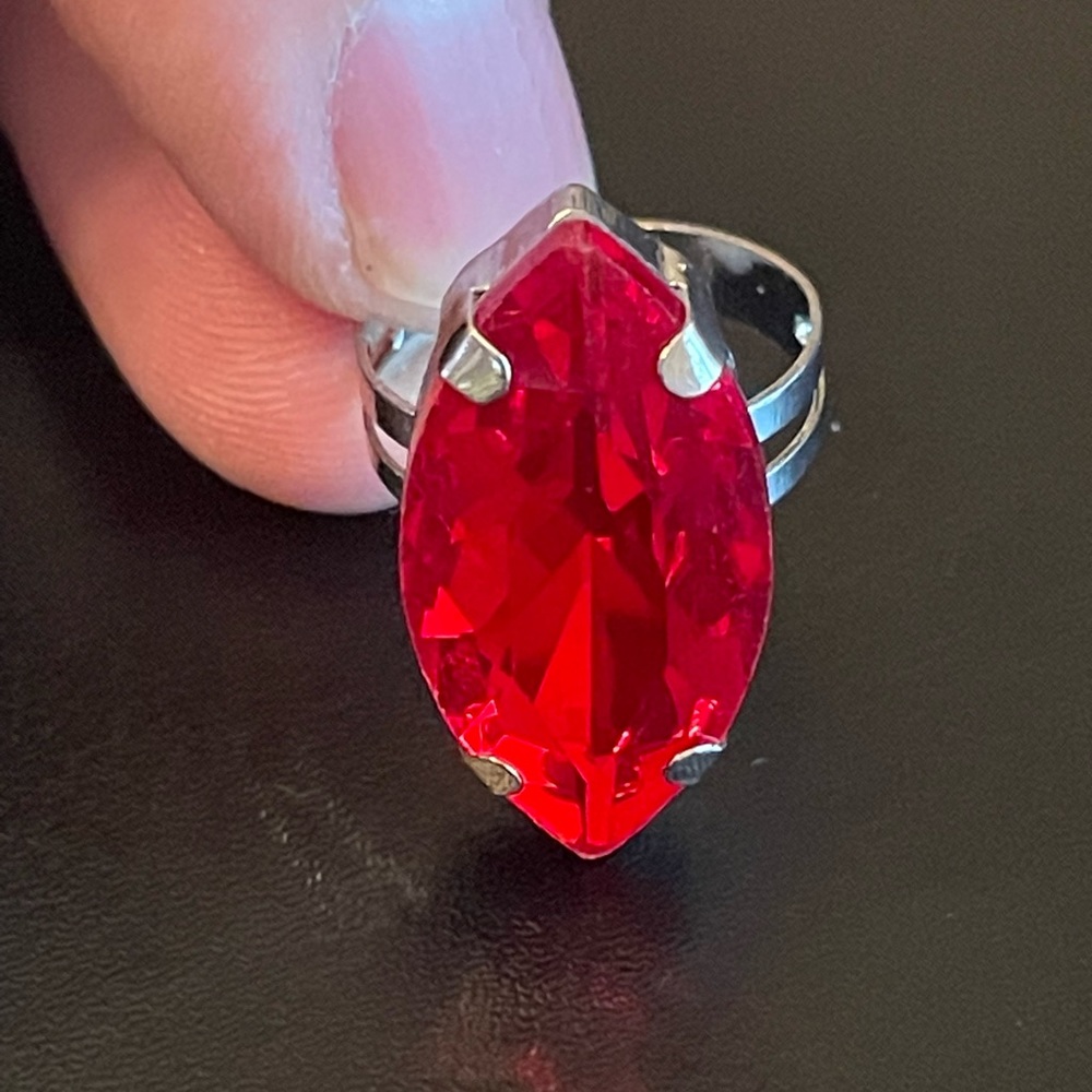 Adjustable red crystal silver plated ring